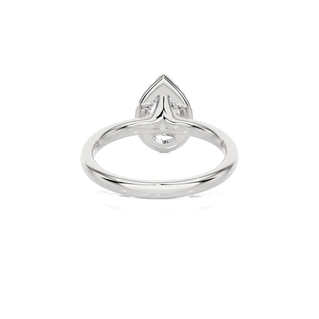 1.00 carat solitaire halo ring with lab grown pear diamond in white gold with round lab grown diamonds