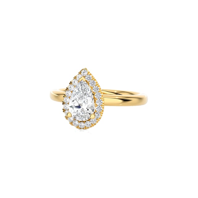 2.00 carat solitaire halo ring with lab grown pear diamond in yellow gold with round lab grown diamonds