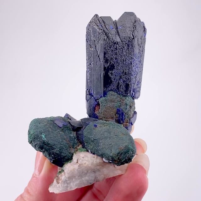 Azurite (doubly-terminated) partially pseudomorphing to Malachite