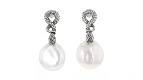 16-17mm Cultured Coin Pearl Bali-Style Snake Drop Earrings in Sterling Silver