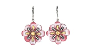 Pink Mother-of-Pearl Bali-Style Flower Drop Earrings with Pink Enamel in Sterling Silver and 18kt Yellow Gold