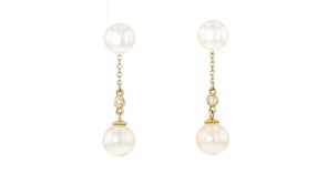 7-8mm Cultured Pearl Linear Drop Earrings with Diamond Accents in 14kt Yellow Gold