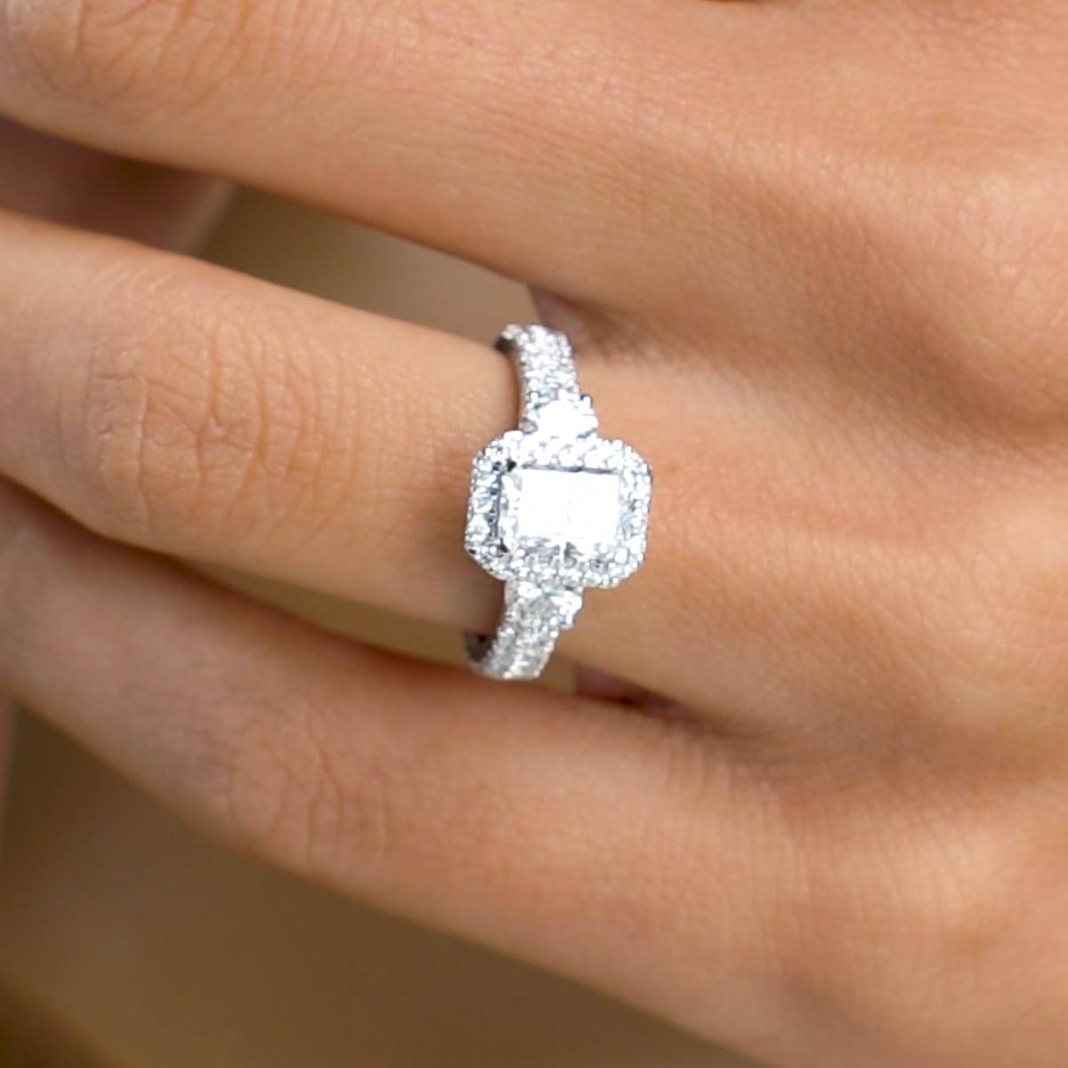 product video 2 for 2 1/6 ctw Radiant Lab Grown Diamond Double Row Side Stones Halo Engagement Ring