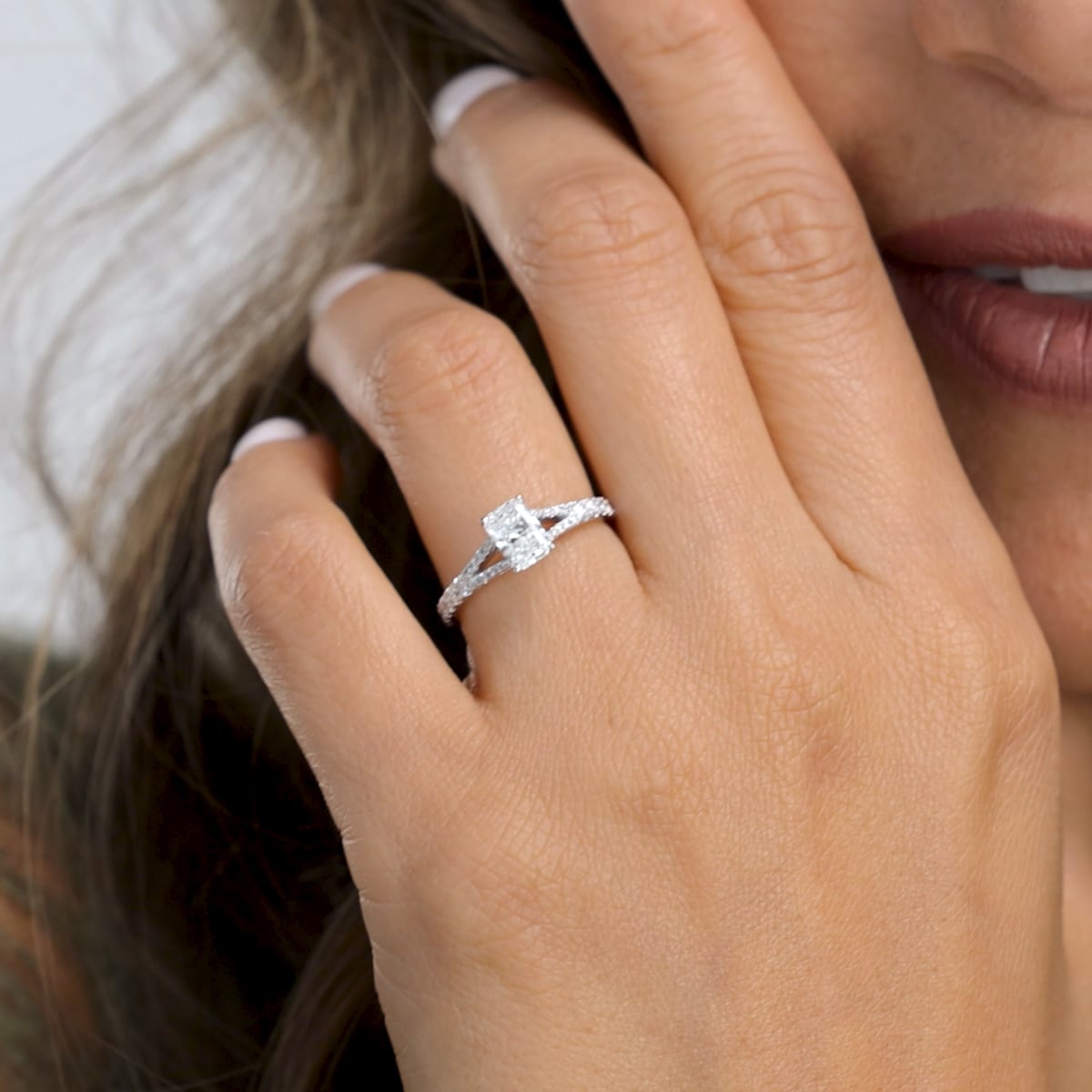 product video 2 for 1 ctw Radiant Lab Grown Diamond Split Shank Engagement Ring