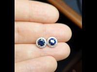 1982476 Round Blue Sapphire Halo Stud Earrings