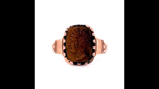 Leathers &Treasures エメラルドアイパンサーリング Victorian Tiger's Eye Cameo Right Hand Ring in 10k Yellow Gold
