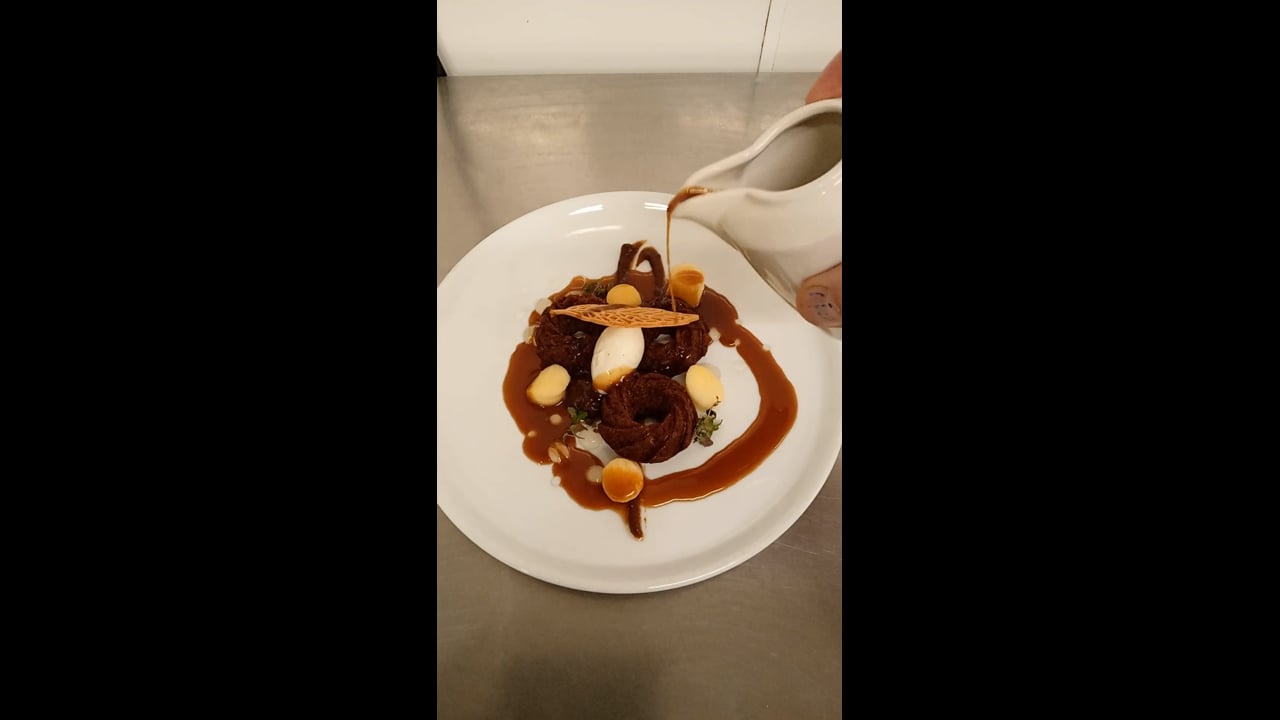 Sticky toffee pudding, date and rum puree, apple, apple gel, vanilla ice cream, toffee sauce