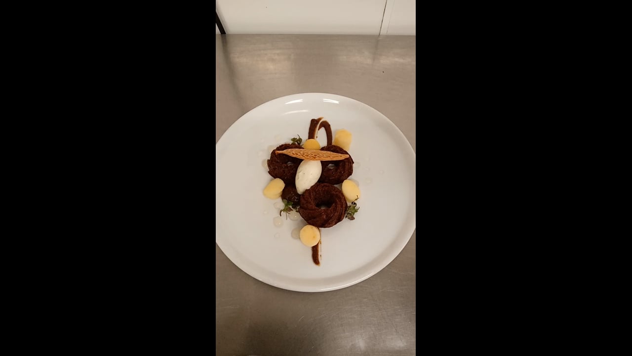 Sticky toffee pudding, date puree, apple, apple gel, vanilla ice cream, toffee sauce