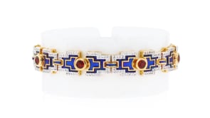 2.80 ct. t.w. Garnet and 1.90 ct. t.w. White Topaz Bracelet with Blue Enamel in 18kt Gold Over Sterling