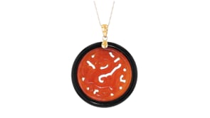 Red Jade and Black Agate Dragon Circle Pendant with 14kt Yellow Gold