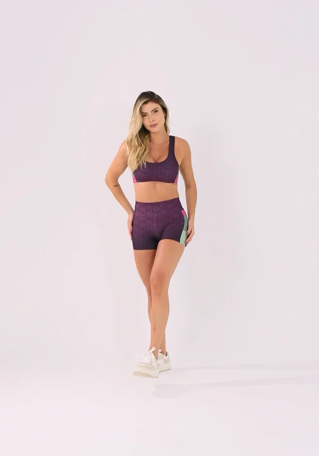 Short fitness feminino estampado dlk frases curves roxo e rosa printed