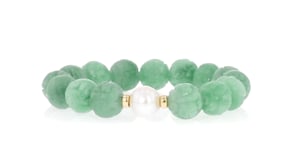 11-12mm Cultured Pearl and 12mm Carved Jade Dragon Bead Stretch Bracelet with 14kt Yellow Gold