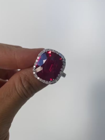 15 CT CUSHION CUT WITH HALO F1356-RUB-CZ-14K