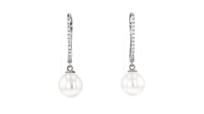 9-9.5mm Cultured Pearl and .20 ct. t.w. Diamond Drop Earrings in 14kt White Gold