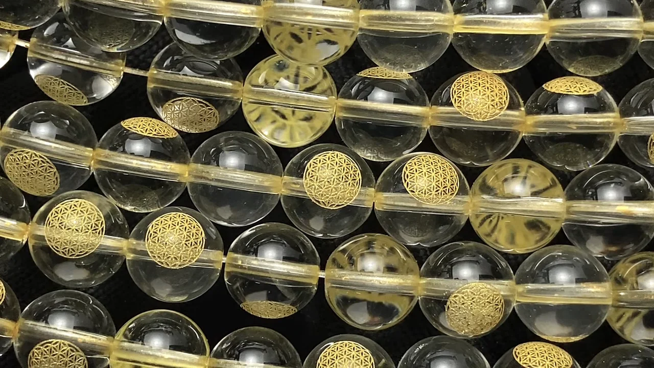 金色！フラワーオブライフの彫刻入り！クリスタル ラウンド8mm