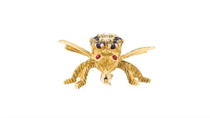 C. 1980 Vintage 1.15 ct. t.w. Sapphire and .30 ct. t.w. Diamond Bumblebee Pin with Ruby Accents in 18kt Yellow Gold