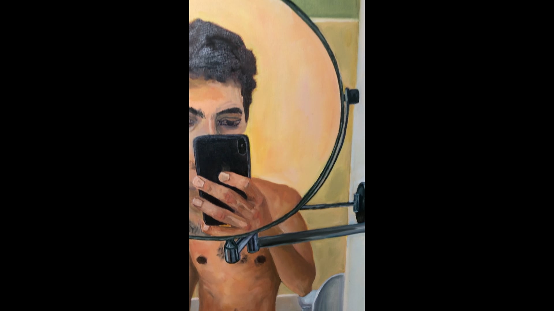 Selfie allo specchio, dipinto a olio figurativo contemporaneo di un giovane  uomo., image size:1920x1080