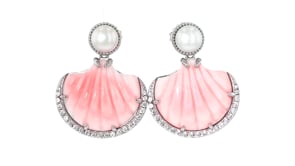 8-8.5mm Cultured Pearl and Pink Conch Shell Drop Earrings with 1.30 ct. t.w. White Zircon in Sterling Silver