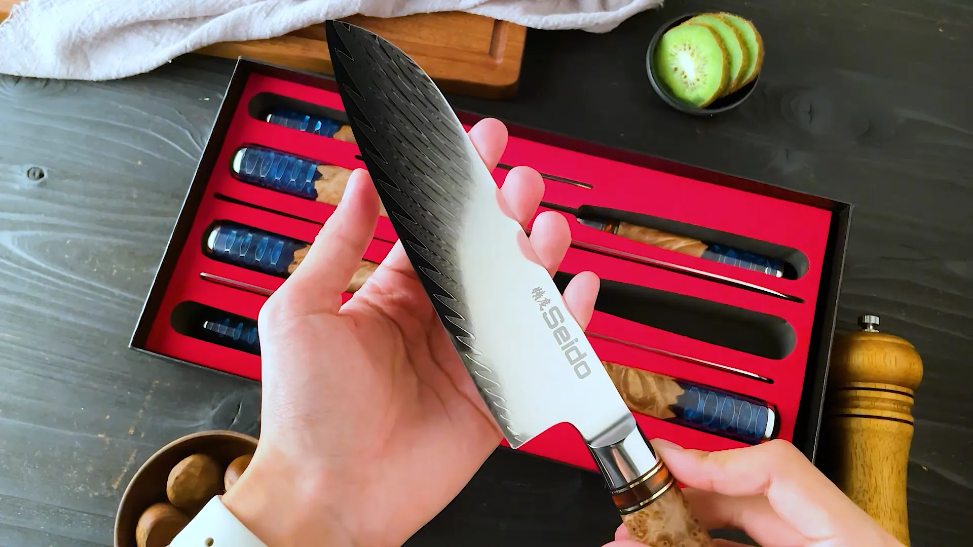 Hanikamu 7Piece Damascus Knife Set Seido Knives on Vimeo