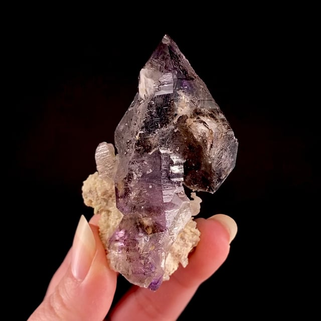 Quartz var: Amethyst and Smoky (doubly-terminated scepter) on matrix