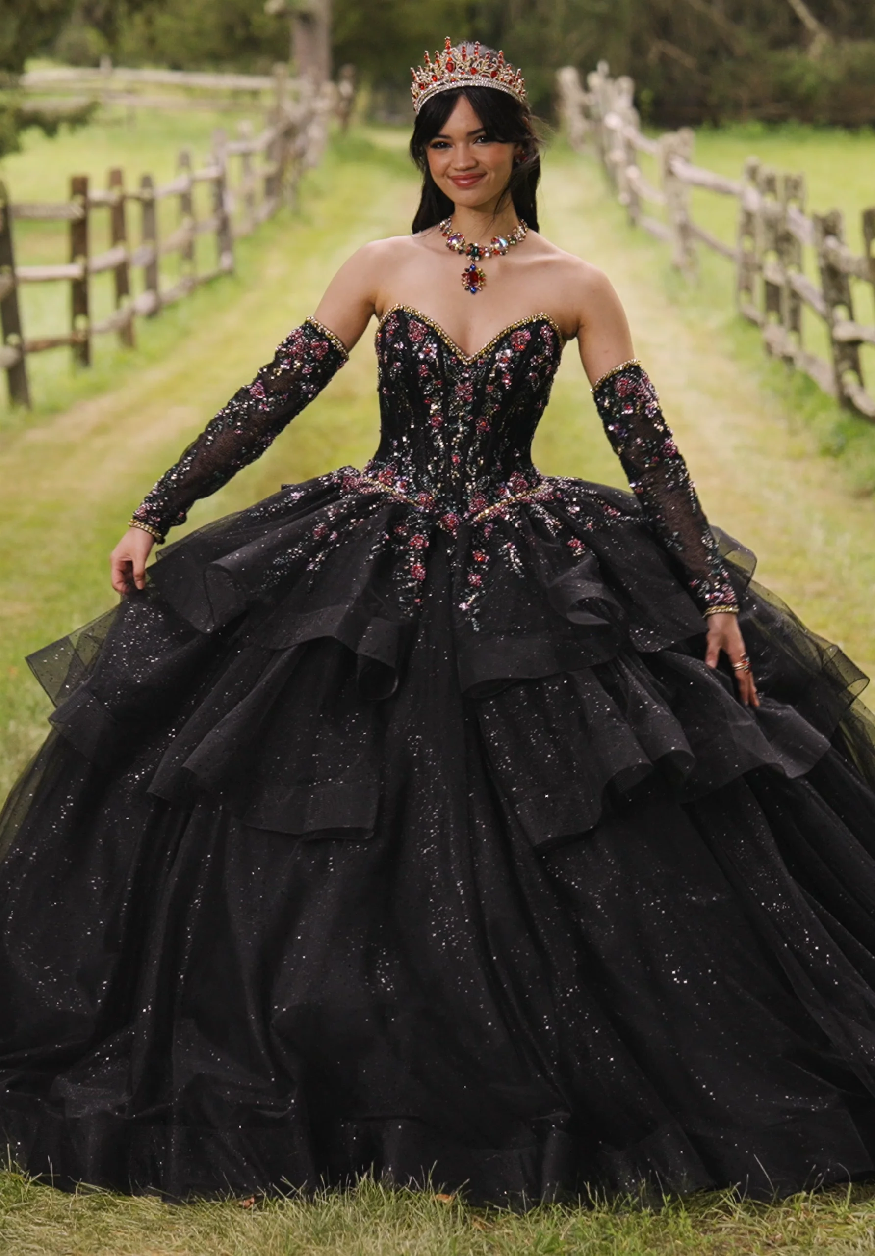 Floral Patterned Glitter Tulle with Split Skirt Overlay Floral Patterned Glitter Tulle with Split Skirt Overlay