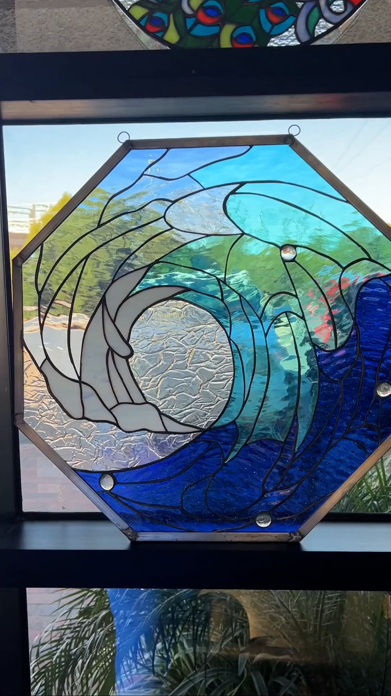 Octagon Cresting Wave Leaded Stained Glass Window Panel