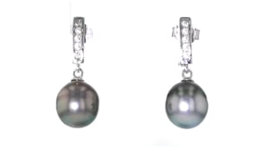 9-9.5mm Black Cultured Tahitian Pearl Drop Earrings with .10 ct. t.w. CZs in Sterling Silver