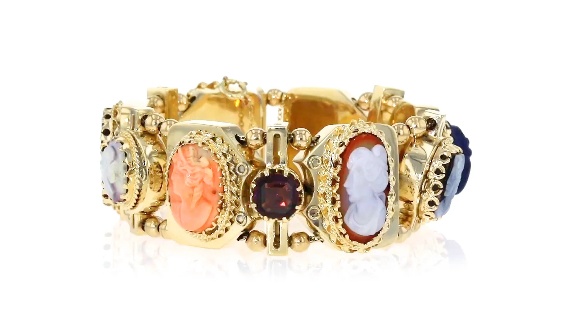 C. 1950 Vintage Multi-Gemstone Cameo Slide Charm Bracelet in 14kt