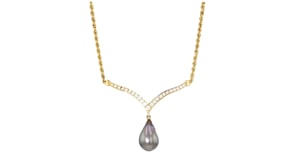C. 1980 Vintage 17x11mm Black Cultured Pearl and .40 ct. t.w. Diamond Drop Necklace in 14kt Yellow Gold