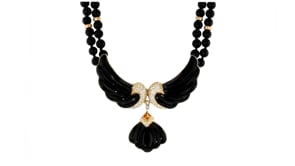 C. 1980 Vintage Onyx, 1.00 ct. t.w. Diamond and .30 Carat Citrine PinNecklace in 14kt Yellow Gold