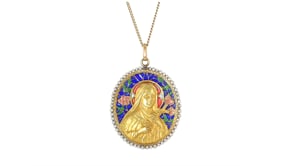 C. 1970 Vintage Multicolored Enamel Plique-a-Jour Virgin Mary Pendant Necklace with Seed Pearls in 18kt Yellow Gold