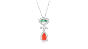 C. 1990 Vintage Red Coral and 1.35 ct. t.w. Diamond Pendant Necklace with Tsavorite Accents in 18kt and 14kt White Gold