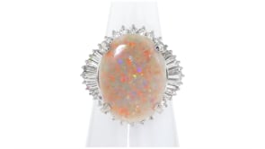 C. 1990 Vintage Opal and 1.22 ct. t.w. Diamond Cocktail Ring in Platinum