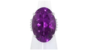 C. 1990 Vintage 33.93 Carat Amethyst and .23 ct. t.w. Diamond Ring in Platinum