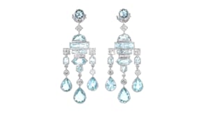 C. 1990 Vintage 7.30 ct. t.w. Aquamarine and .60 ct. t.w. Diamond Chandelier Earrings in 18kt White Gold
