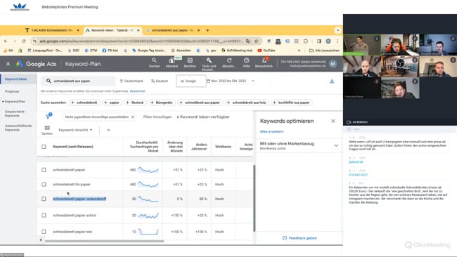 Google Ads für nachhaltige Schneidebretter, ob es sinnvoll ist Keywords bzw. Landingpages perfekt für Suchbegriffe einer Anzeigengruppe anzupassen, Tipps & ein Ausflug in zwei weitere Google Ads Konten mit Malte vom 30.11.23