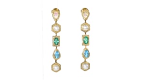 Opal and 4.5-5mm Cultured Pearl Drop Earrings with 1.00 ct. t.w. Swiss Blue Topaz and .90 ct. t.w. Emerald in 18kt Gold Over Ste