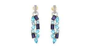 6.30 ct. t.w. Swiss Blue Topaz and 3.00 ct. t.w. Iolite Drop Earrings with .40 ct. t.w. White Zircon in 18kt Gold Over Sterling