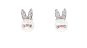 8-8.5mm Cultured Pearl Bunny Earrings with Diamond Accents and Pink Enamel in Sterling Silver