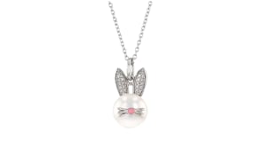 9-9.5mm Cultured Pearl Bunny Pendant Necklace with Diamond Accents in Sterling Silver