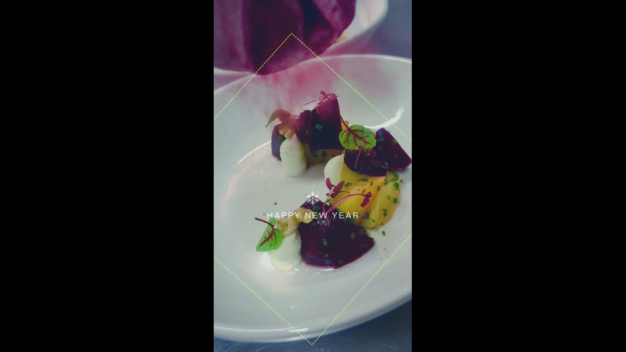 Marinated beetroots, whipped goats cheese, pickled walnut, roasted walnut, red vein sorrel, cream, dill