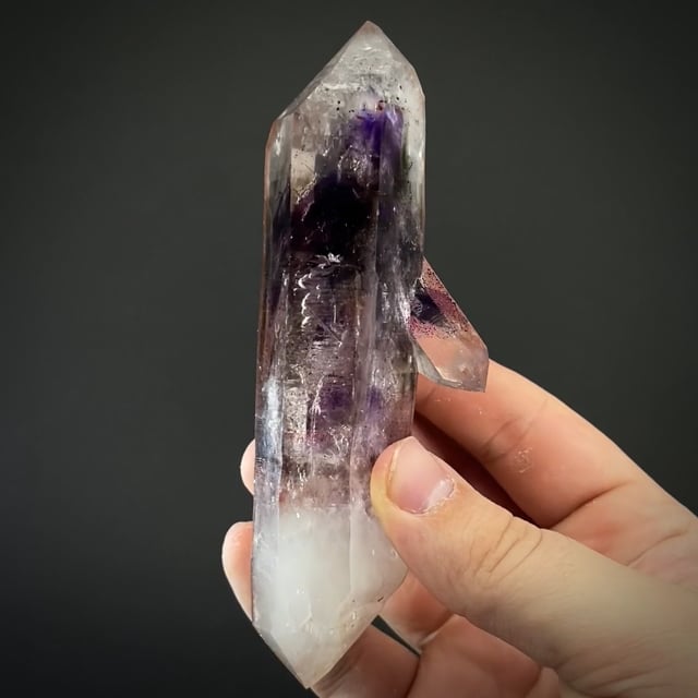 Quartz floater, Amethyst and Smoky, with Lepidocrocite