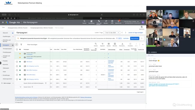 Ab wann es sich lohnt ROAS zu maximieren, Google Ads Editor Abstürze, Keyword-Recherche für Lichtplanung & Planung der nächsten Livestreams mit Malte vom 14.12.23