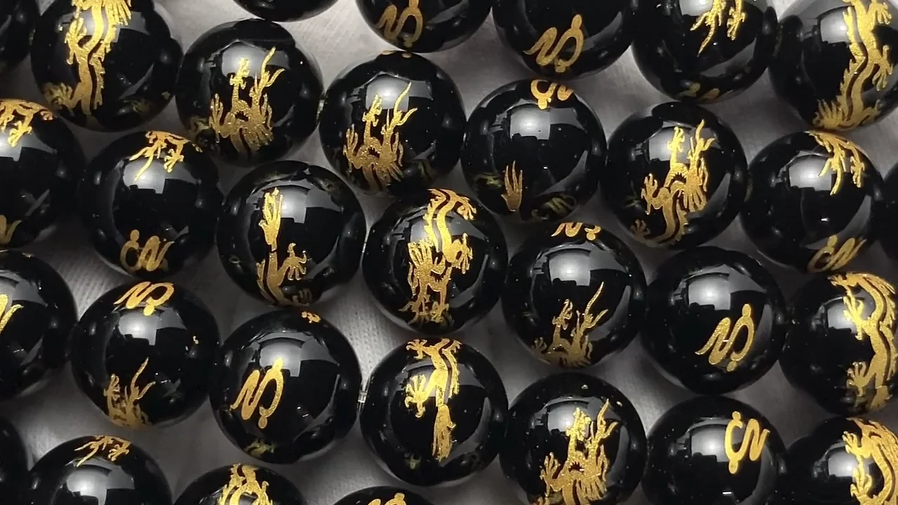 金色！【青龍・四神獣】の彫刻入り！オニキス ラウンド10mm・12mm