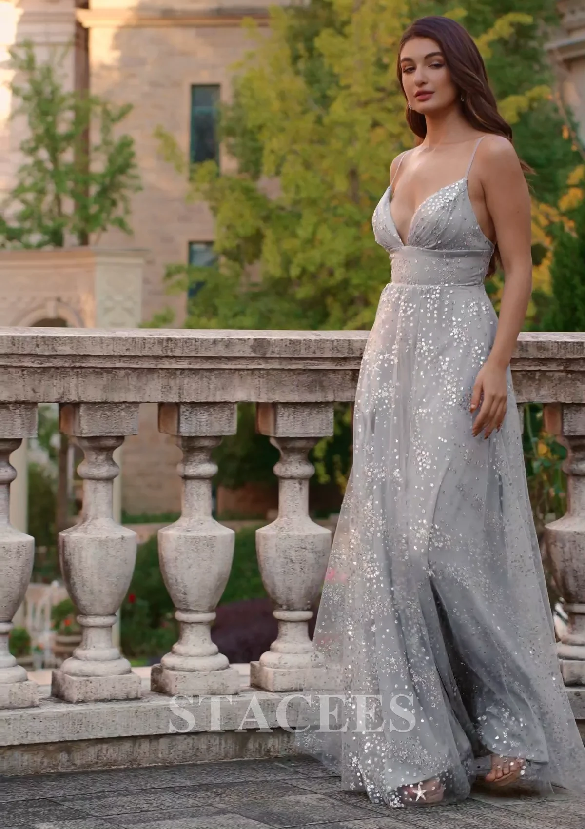 A-line Princess V Neck Sleeveless Floor-Length Tulle Prom