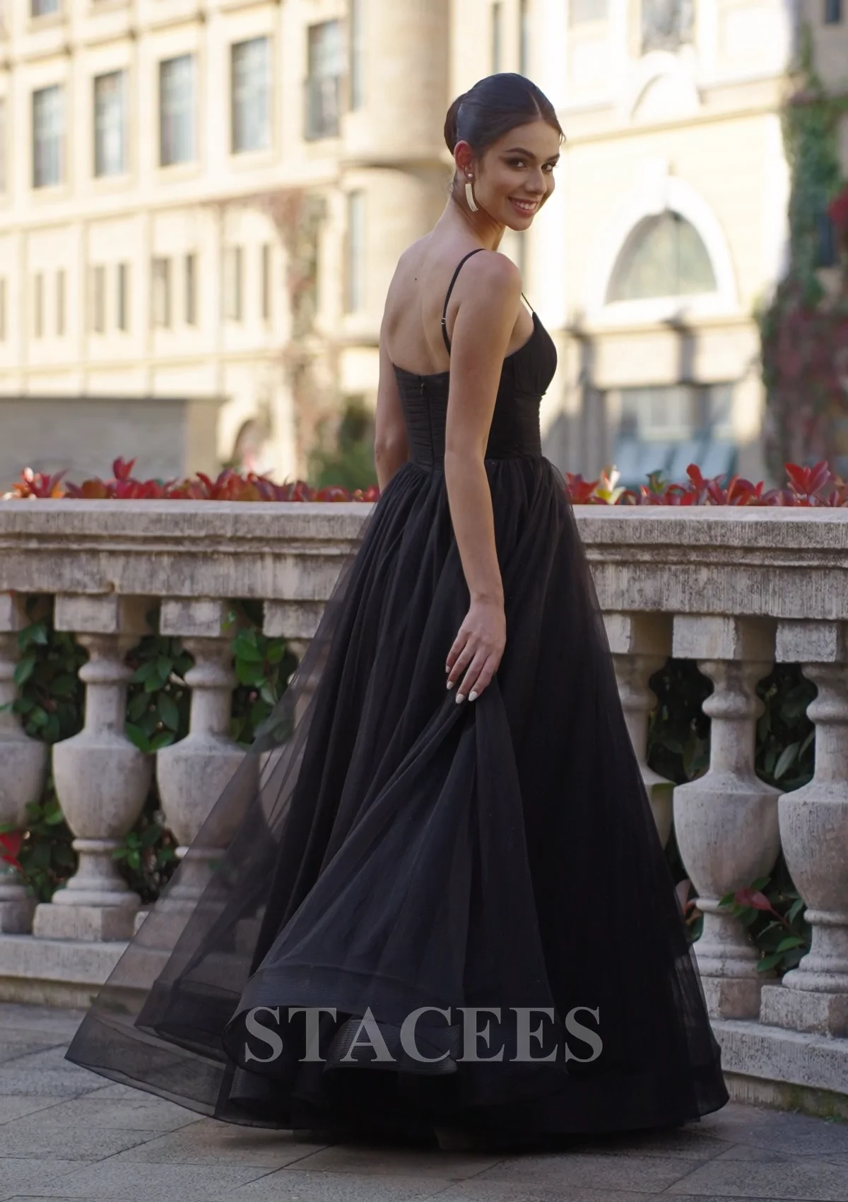 A-line V Neck Sleeveless Floor-Length Tulle Prom Dress with Pleated S7667P  - Prom Dresses - Stacees