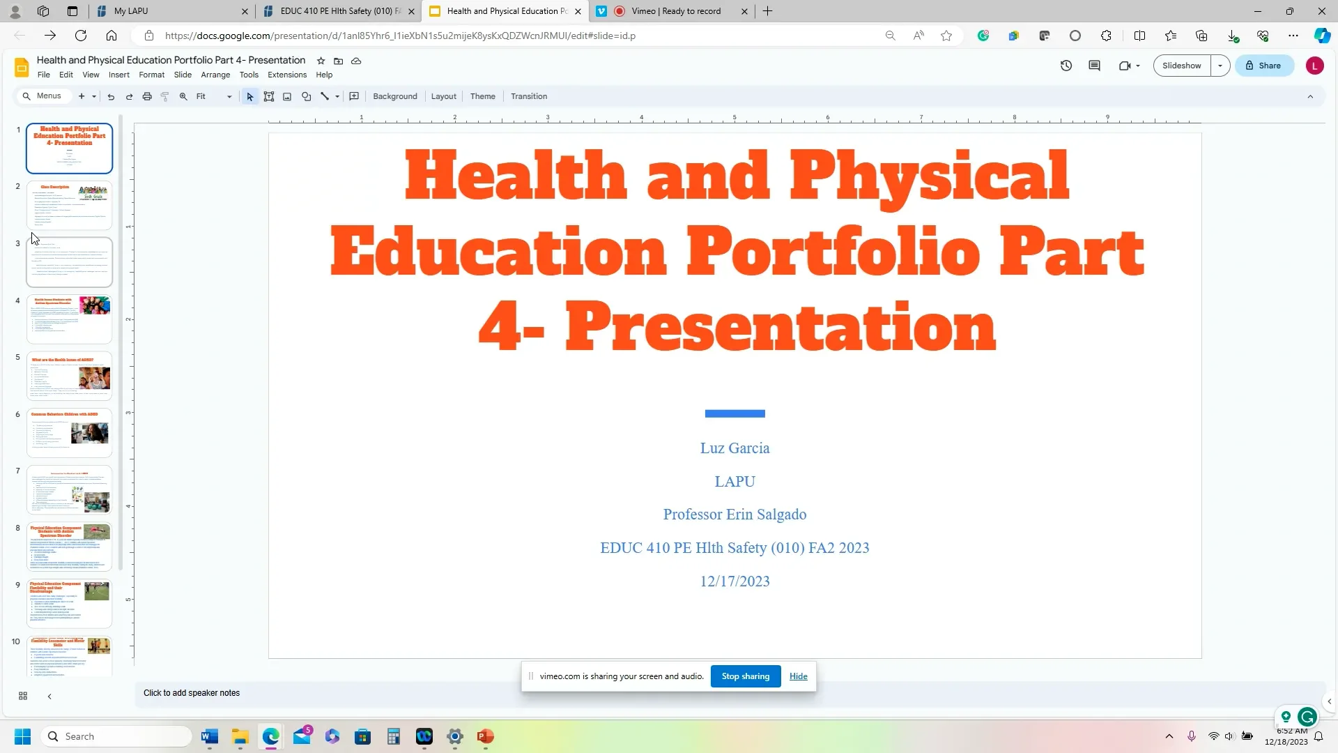 Health and Physical Education Portfolio Part 4 Presentation 12/18