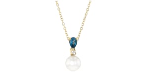 8mm Cultured Pearl, 1.30 ct. t.w. London Blue Topaz and .10 ct. t.w. White Zircon Jewelry Set Drop Earrings and Pendant Necklac