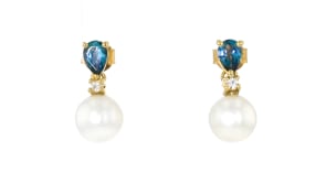 8mm Cultured Pearl, 1.30 ct. t.w. London Blue Topaz and .10 ct. t.w. White Zircon Jewelry Set Drop Earrings and Pendant Necklac