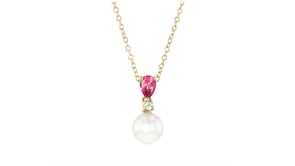 8mm Cultured Pearl, 1.30 ct. t.w. Pink Topaz and .10 ct. t.w. White Zircon Jewelry Set Drop Earrings and Pendant Necklace in 18